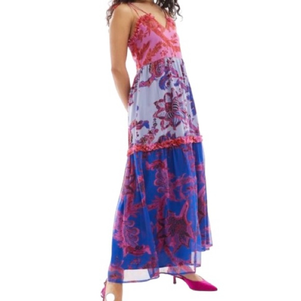 Hope and Ivy Cami Smocked Floral Ruffle Tiered Midi Dress 12 Boho Romantic